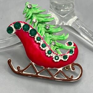 Vintage Enamel & Rhinestone Christmas Pin / Brooch - Sleigh and Tree